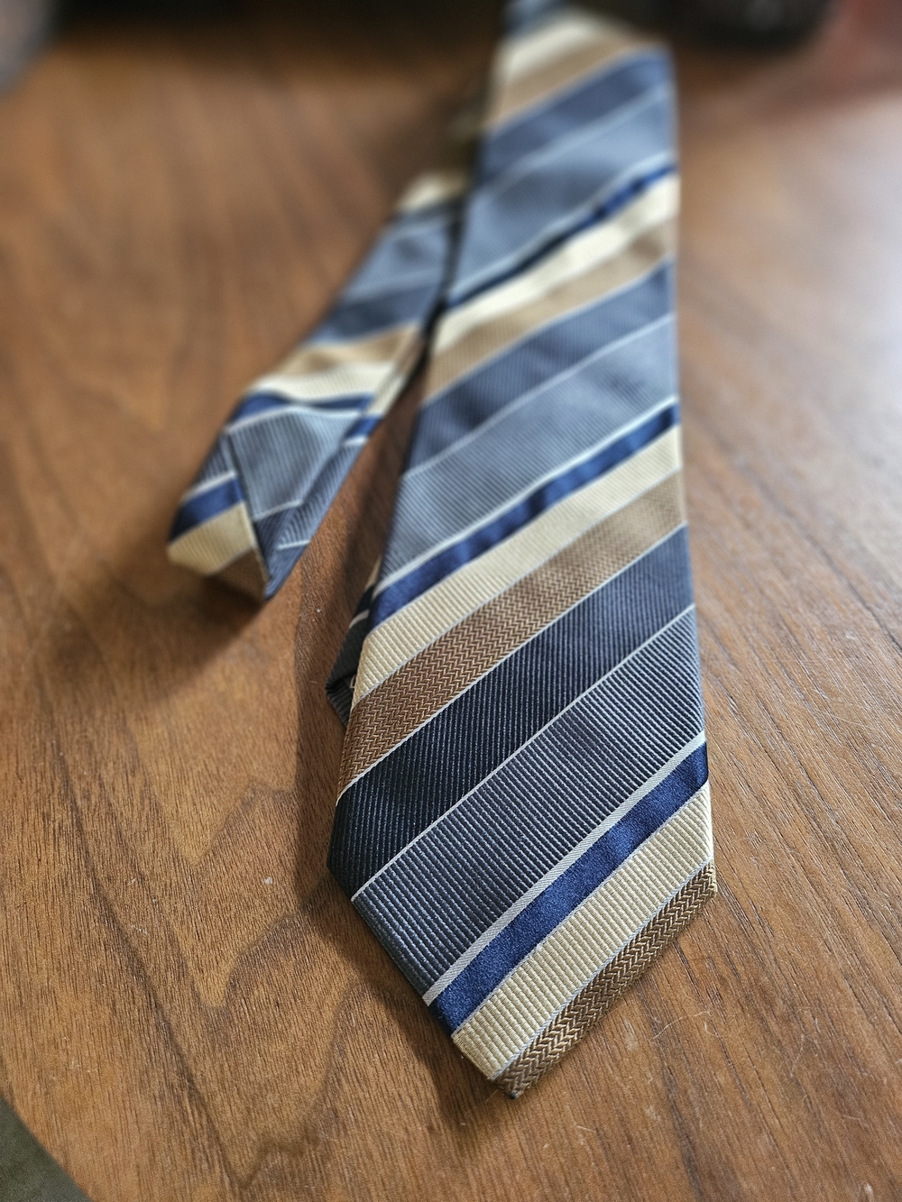 Brioni Navy, Beige and Brown Diagonal Slanted Stripe 100% Italian Silk Tie 60"